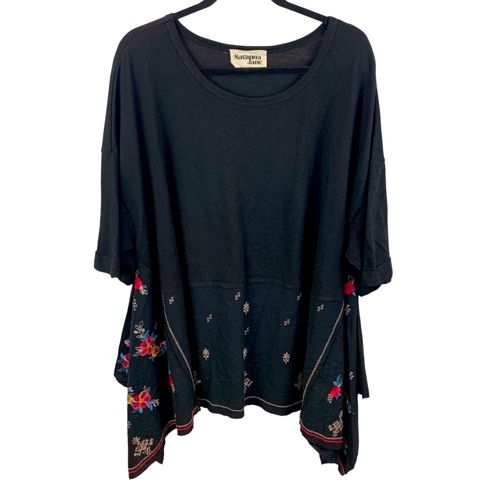 Savanna Jane 2X Black Tunic Top Embroidered Floral Handkerchief Hem Lagenlook